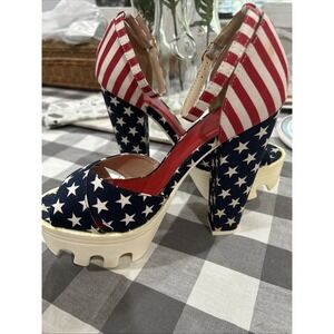 Women's Platform American Flag Shoes With Strap  Stars Stripes 8.5 Wild Diva Lou